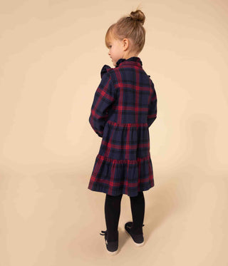 Girls' Long-Sleeved Checked Dress in Checked Cotton Flannel